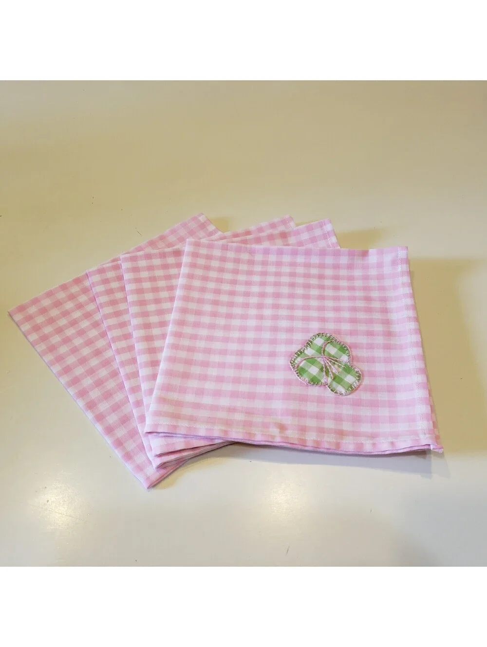 Vintage Cotton Gingham Napkin Placemat Set Green Pink Applique Hand Made Retro